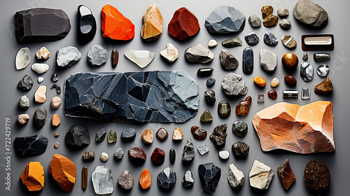 Collection of various gemstones and minerals neatly laid out on a gray background. Top view. photo
