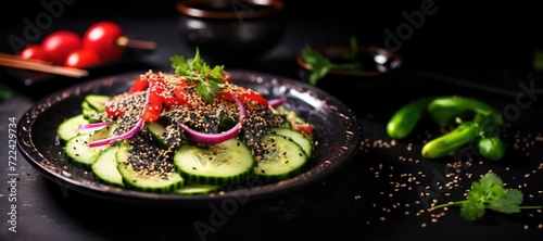 Cucumber salad on a black platter with sesame seeds.