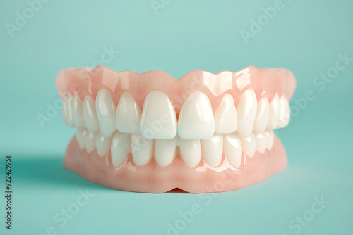 Perfect White Dental Prosthesis on Turquoise Background for Dental Health. Healthy Smile for dentistry concept