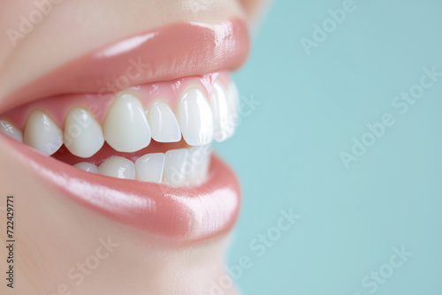 Close-up of Beautiful Smile with Healthy White Teeth on Light Blue Background with copy space. Dentistry and beauty concept