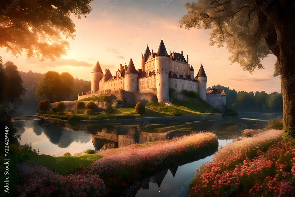 A mural showcasing a riverside castle at sunrise, with gardens of pearl flowers glowing in the morning light. 8k