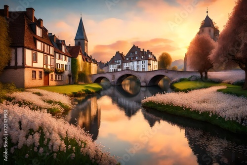 A 3D mural wallpaper featuring a European riverside scene at dawn, with pearl flowers along the banks, reflecting the first light of day, symbolizing hope and renewal. 8k © Muhammad