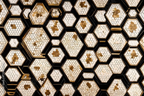 Wallpaper with hexagonal tiles of polished yew wood  decorated with white and gold motifs  and bound together by elegant black seams. 8k