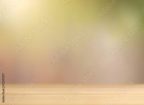 Empty wooden deck table over blurred nature background. Smooth stage for trendy product presentation.