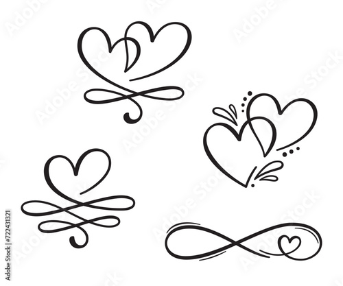 Set of decorative elements with hearts, calligraphic flourishes, infinity symbol