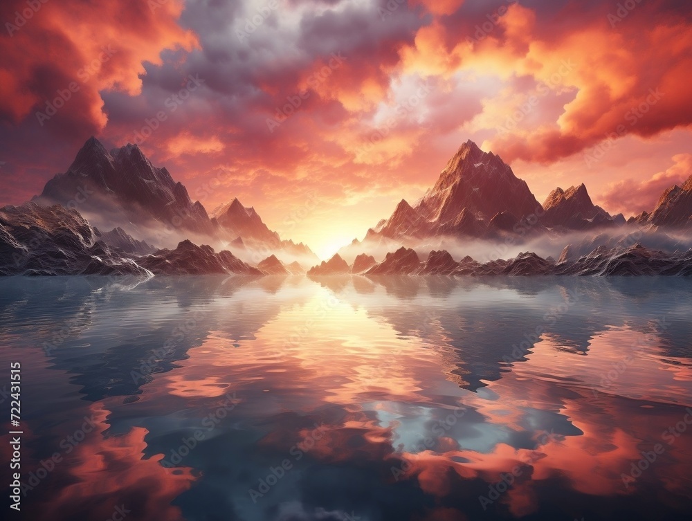Beautiful mountains reflected in lake with a cloud reflection and sunrise Beautiful mountains reflected in lake with a cloud reflection and sunrise
