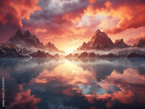 Beautiful mountains reflected in lake with a cloud reflection and sunrise