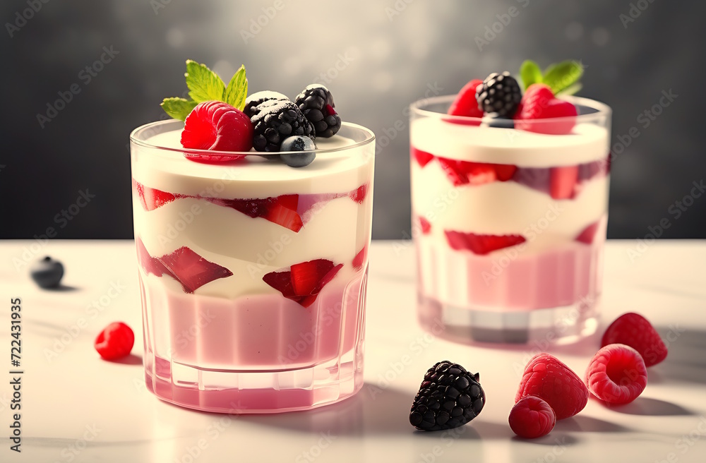 Dessert is a creamy cream with berries, stacked in layers, portioned in transparent glasses on a white surface. A delicious treat, a beautiful presentation. Generative AI
