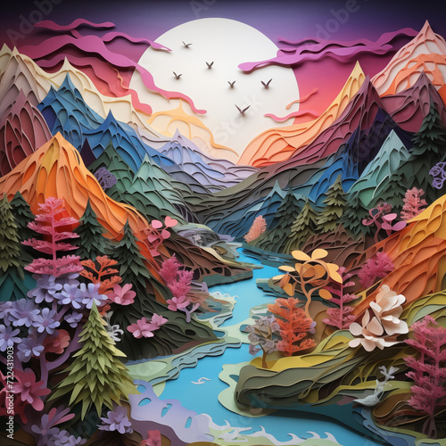 Nature colorée, paysage fantastique en papier découpé, montagne et forêt © JLV