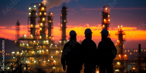 Industrial Workers Overlooking Refinery at Dusk