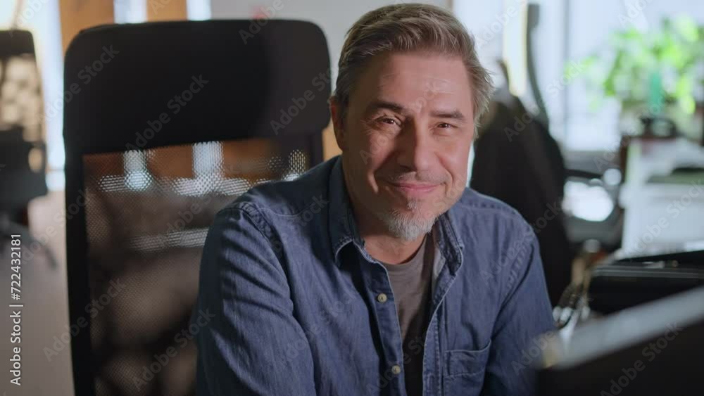 Businessman working with computer in office. Business lifestyle - casual middle aged man sitting at desk in front of screen, smiling, happy. Businessman working with computer in office. Business lifestyle - casual middle aged man sitting at desk in front of screen, smiling, happy.