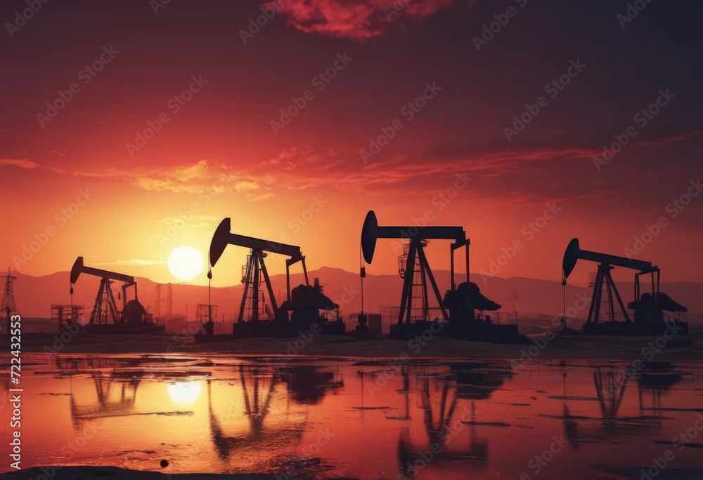 Fototapeta premium The change in oil prices caused by the war. Oil price cap concept. Oil drilling derricks at desert oilfield. Crude oil production from the ground. Petroleum production.