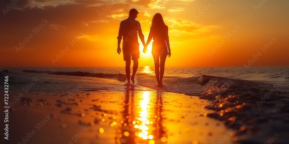 Two People Walking on the Beach at Sunset