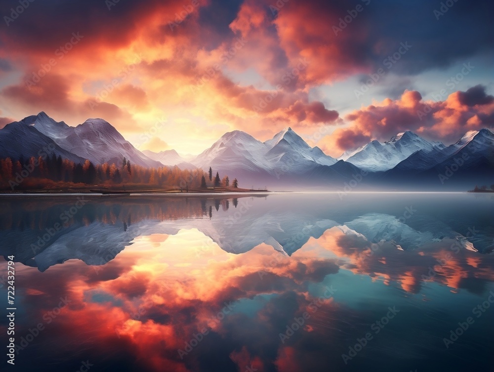 Beautiful mountains reflected in lake with a cloud reflection and sunrise
