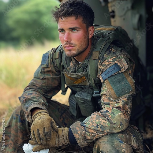 Portrait of a young soldier sitting on the ground in the field. AI.