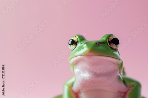 green frog on pink background. funny frog.