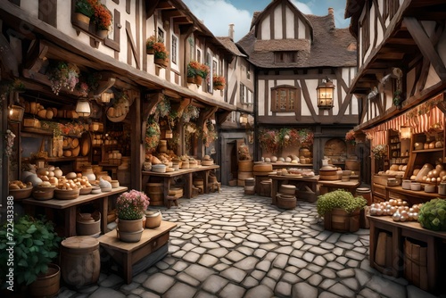 A 3D mural wallpaper with a detailed depiction of a European medieval marketplace, where stalls are decorated with pearl flowers, bringing a sense of richness and historical depth. 8k