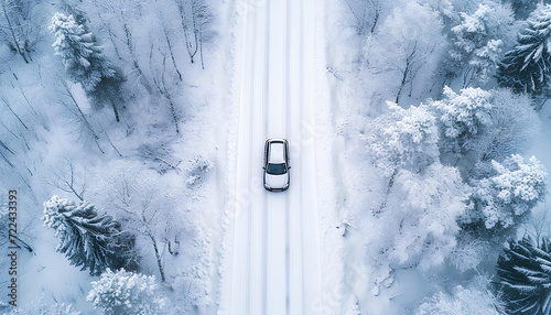 Car driving on snowy road in winter top view © Oleksiy