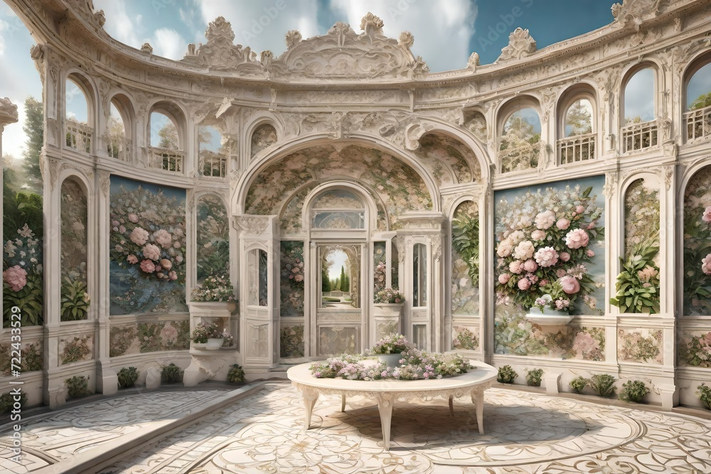 A 3D mural wallpaper illustrating a grand European palace garden, where pearl flowers are arranged in intricate patterns, showcasing the elegance of classical garden design. 8k