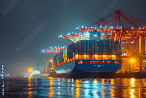 Container ships getting loaded at harbor Hamburg at night