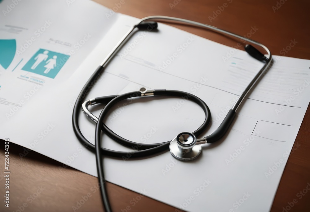 Take out health insurance for family. Stethoscope, paper heart and silhouette of family on wooden background top view Take out health insurance for family. Stethoscope, paper heart and silhouette of family on wooden background top view