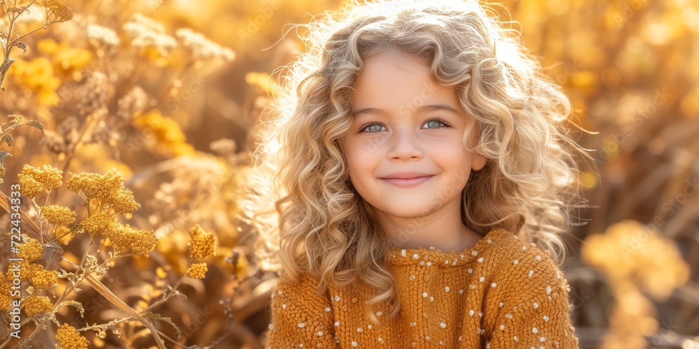 Little Girl Standing in Field of Yellow Flowers Little Girl Standing in Field of Yellow Flowers