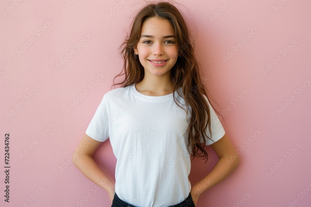 Cute girl showing her design print of her mockup t-shirt Cute girl showing her design print of her mockup t-shirt