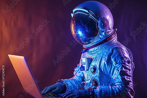 Male astronaut in space suit using laptop while standing by colored background