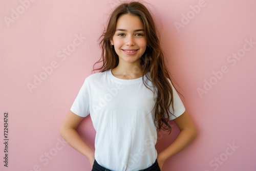 Cute girl showing her design print of her mockup t-shirt