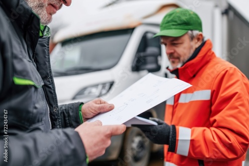 The truck driver and the engineer discuss together the data in the document near the truck. The concept of import and export delivery of business logistics.