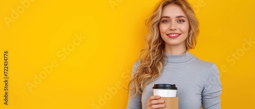 blonde woman smile with coffee cup and computer on yellow background. Woman isolated face portrait  banner with mockup copyspace.