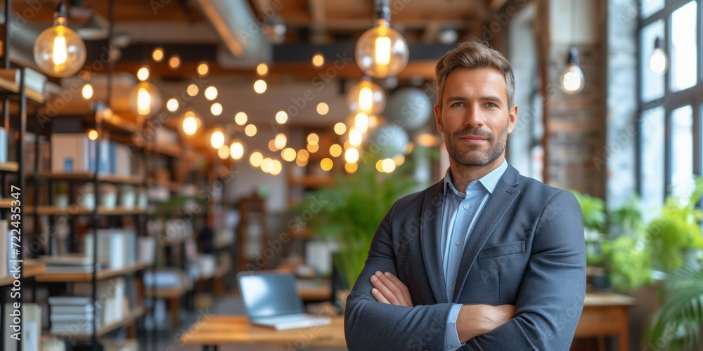 Fototapeta premium Cross-armed Man Standing in a Library