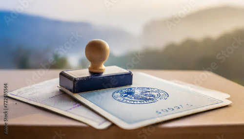 Official passport visas stamps on sepia textured, vintage travel background. photo