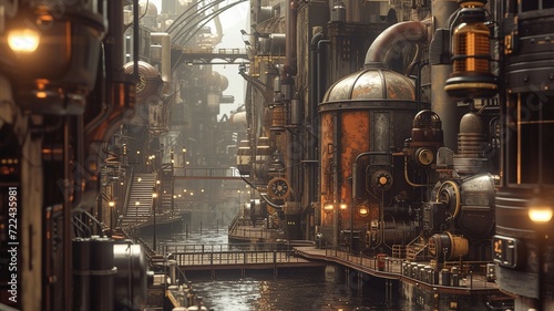Steampunk city streets with mechanisms and clocks