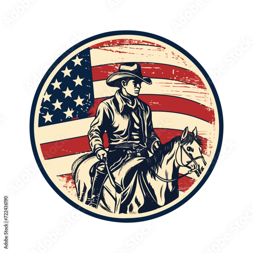 vintage retro distressed American flag badge design featuring a cowboy contour, clear outline, and white background