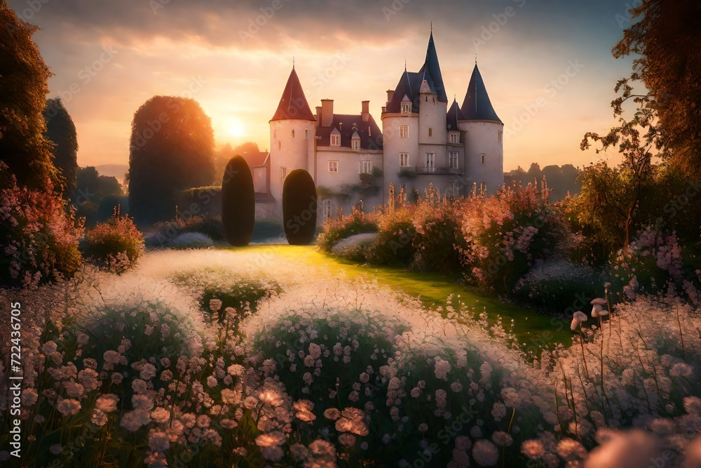 A wallpaper featuring a European castle's garden at sunrise, with pearl flowers sparkling in the morning dew, exuding elegance and tranquility. 8k