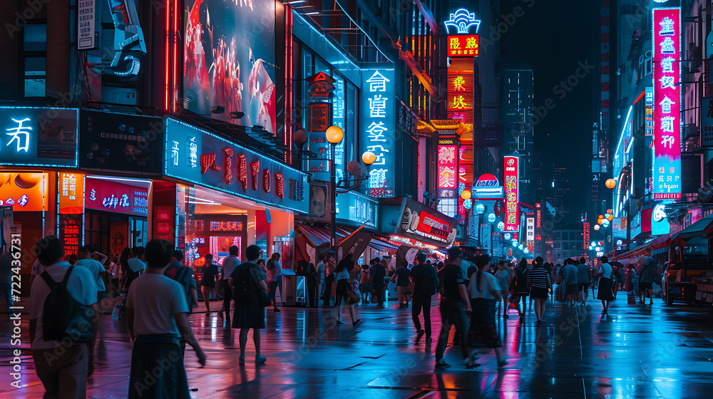 Vibrant city nightlife with dazzling neon lights illuminating the lively streets as pedestrians immerse in the bustling urban energy.