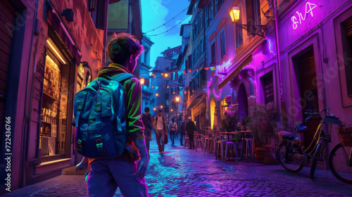Aging Explorer in Historic Alleys Senior traveler with backpack exploring ancient streets