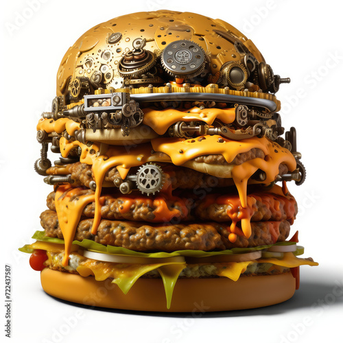 Cheeseburger in steampunk style. Abstract illustration. AI created.