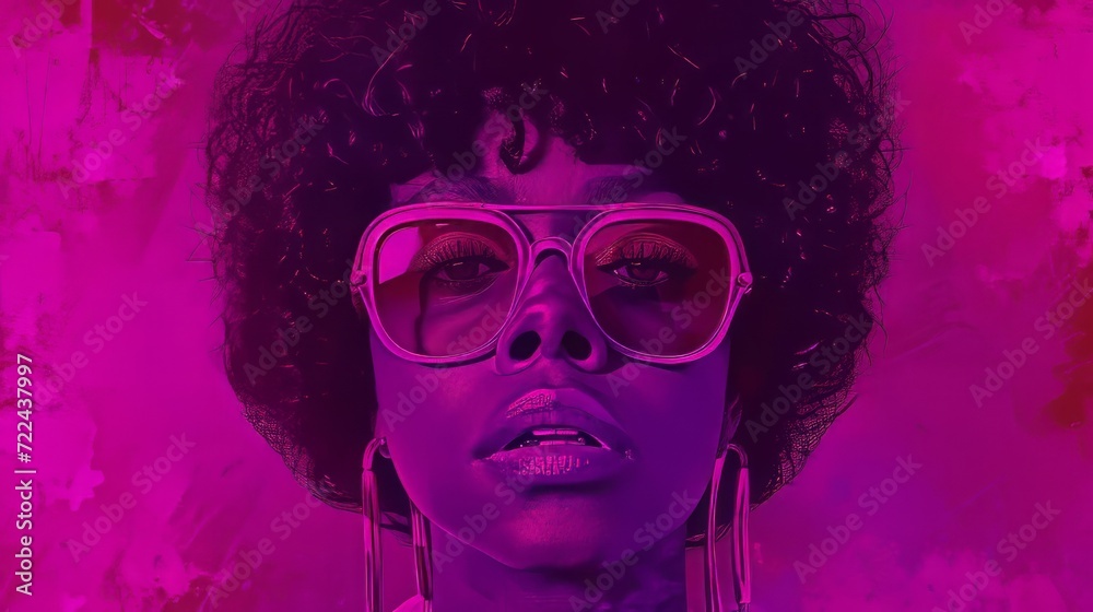 Beautiful african american woman with afro hairstyle and stylish sunglasses. Orchid Funk color