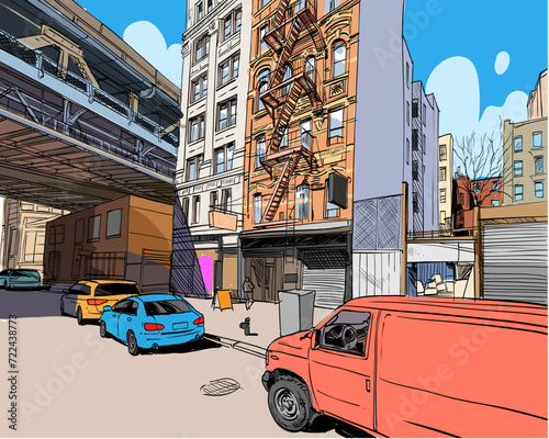 New York street. USA. Hand drawn city sketch. Vector illustration.