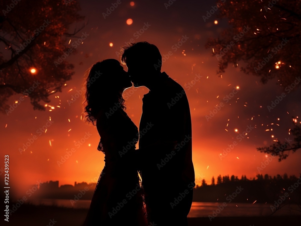 Couple kissing silhouette of fireworks at night romantic background
