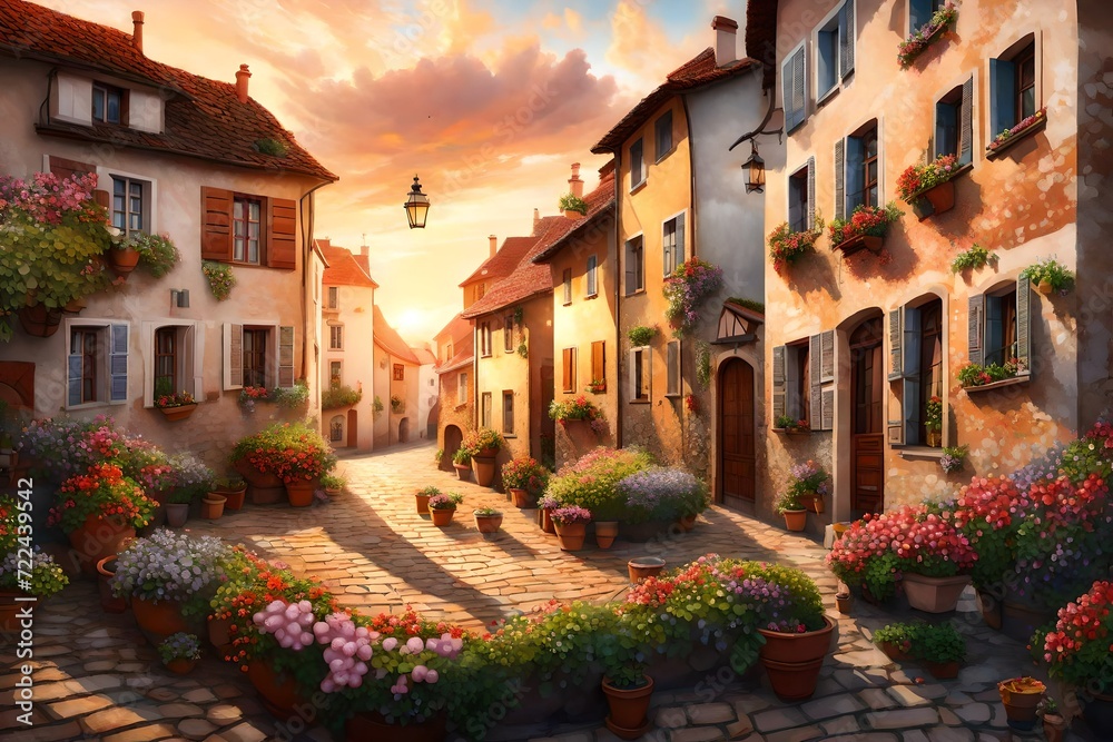 A 3D mural depicting a village square at sunrise, with pearl flowers on window sills and streets shimmering in the light. 8k