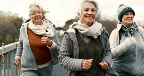 Senior friends, women and walking with fitness, exercise and fresh air with happiness, wellness and health. Female people, mature ladies and group with speed walk, training and energy with freedom photo