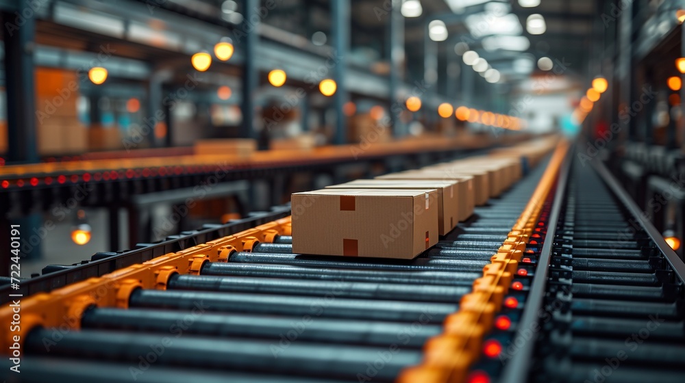 Carton boxes on conveyor belt in warehouse. Industrial background. Carton boxes on conveyor belt in warehouse. Industrial background.