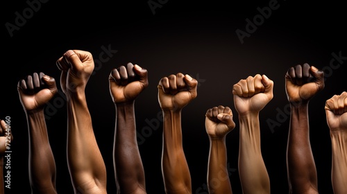 Group of african american hands with clenched fists on a black background. AI.