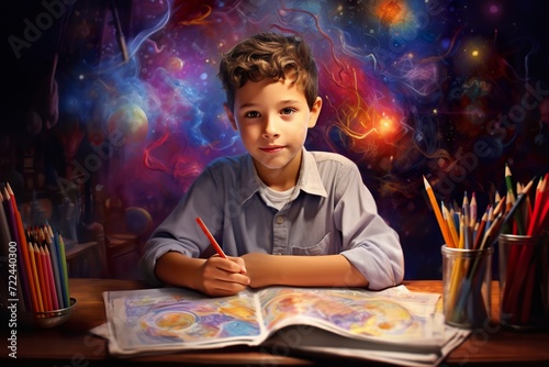 child coloring and imagining a fantastic world, where he lets his imagination fly towards outer space, planets and fantastic beings.