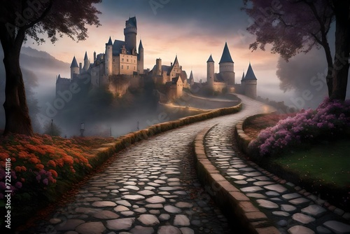 An enchanting 3D mural wallpaper with pearl flowers winding along a European cobblestone path, leading to a distant, misty castle, evoking a sense of mystery and romance. 8k