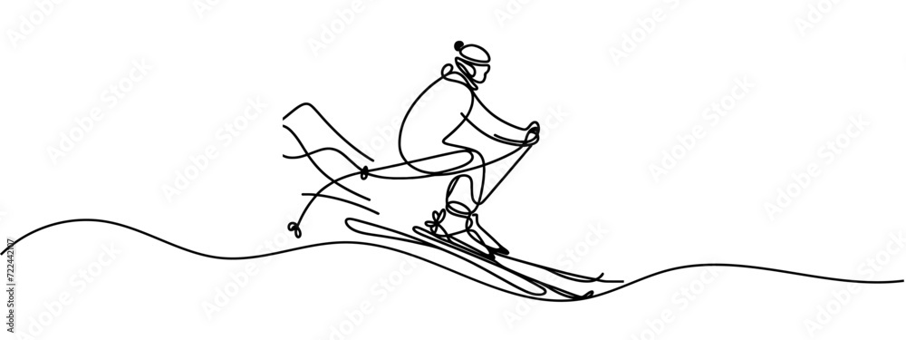 Fototapeta premium Continue line of man rides a snowboard vector illustration