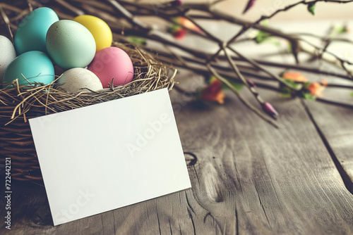 Spring Easter Greeting Card Paper Mock-up with Eggs Basket (ID: 722442121)